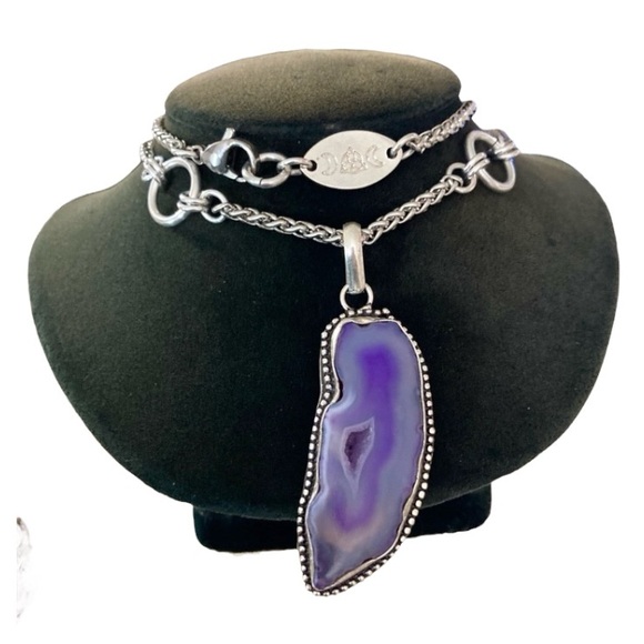 925 sterling silver overlay Purple agate slice gemstone charm boho necklace . - Picture 2 of 16